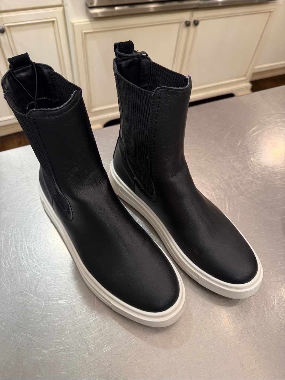 Zara Women’s Black Leather Slip-On Chelsea Sneaker Boots with White Sole